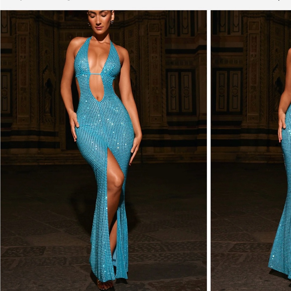 Oh Polly Blue Embellished Slit Gown